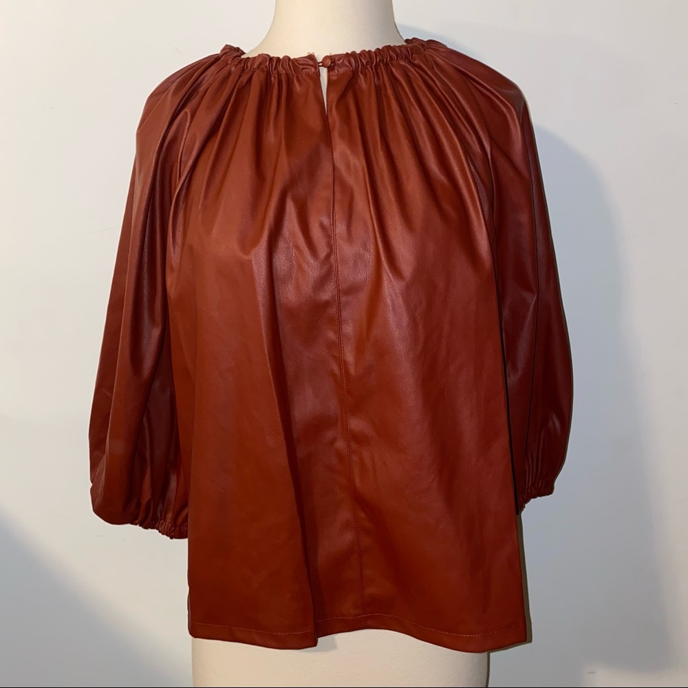 NWT Womens Faux Leather Rust Blouse Balloon Sleeve